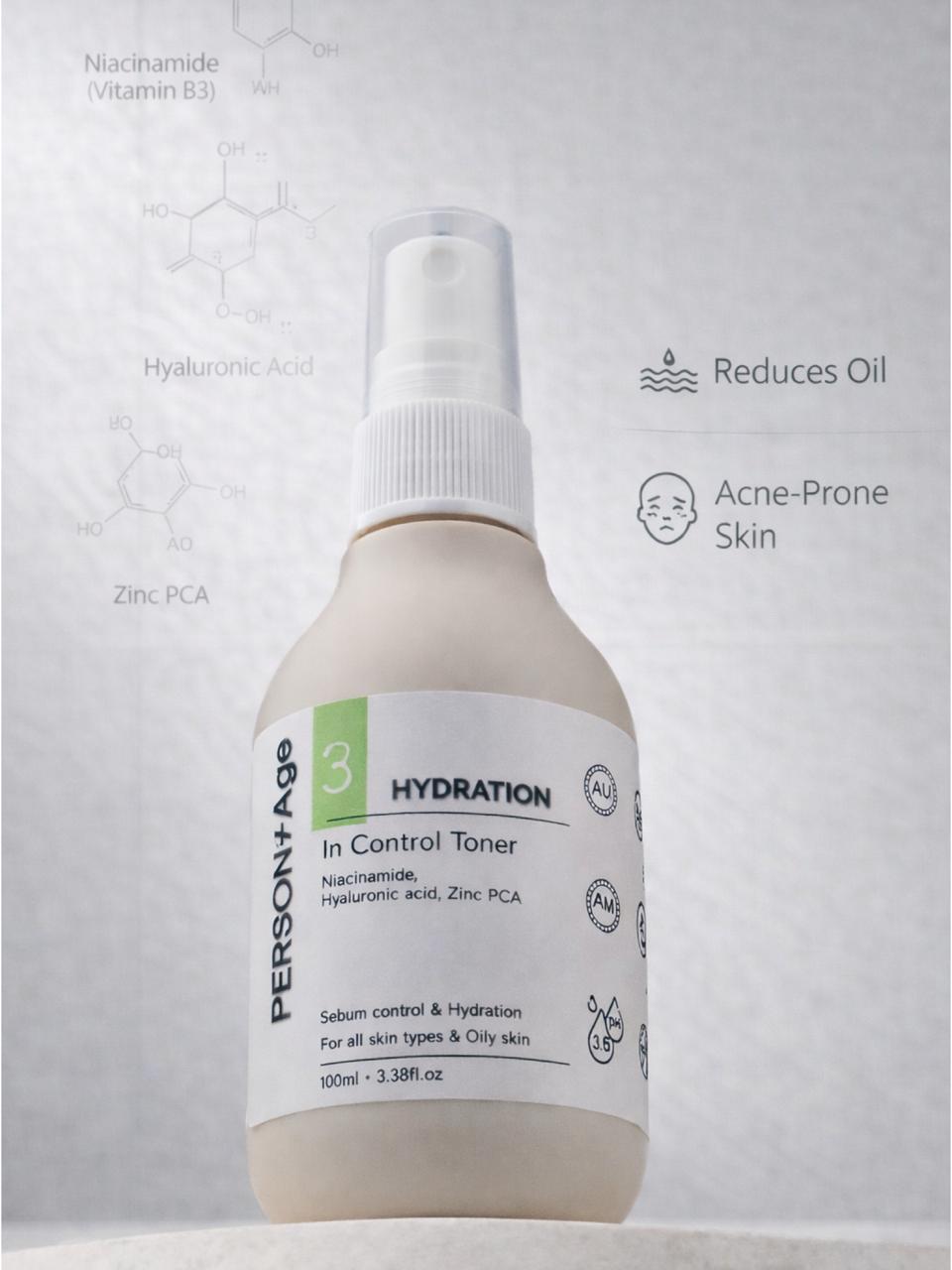 Persontage IN CONTROL – Oil Balance & Pore Care Toner Skincare bottle labeled 'PersonnAge' on a light gray background
