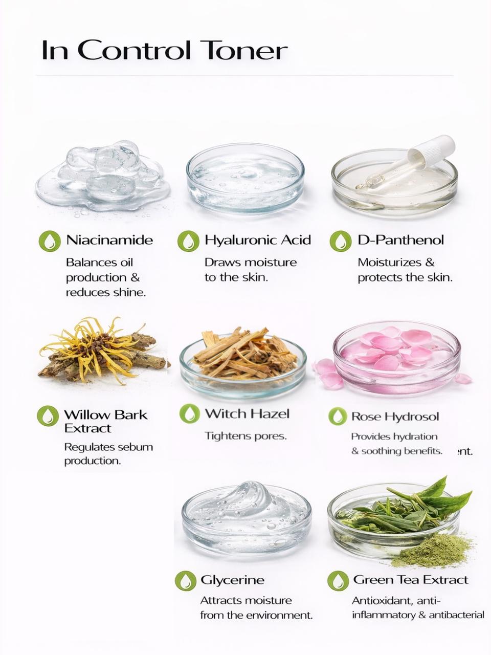 Persontage In Control Toner ingredients with corresponding benefits on a white background