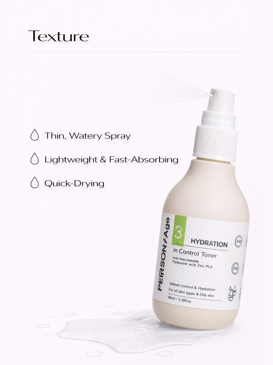 Bottle of PersontAge In control Hydrating  toner with text describing its texture on a white background