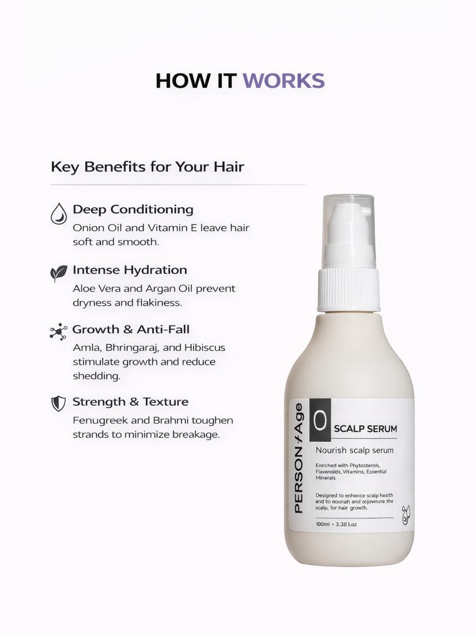 Persontage scalp serum bottle with key benefits text on a white background