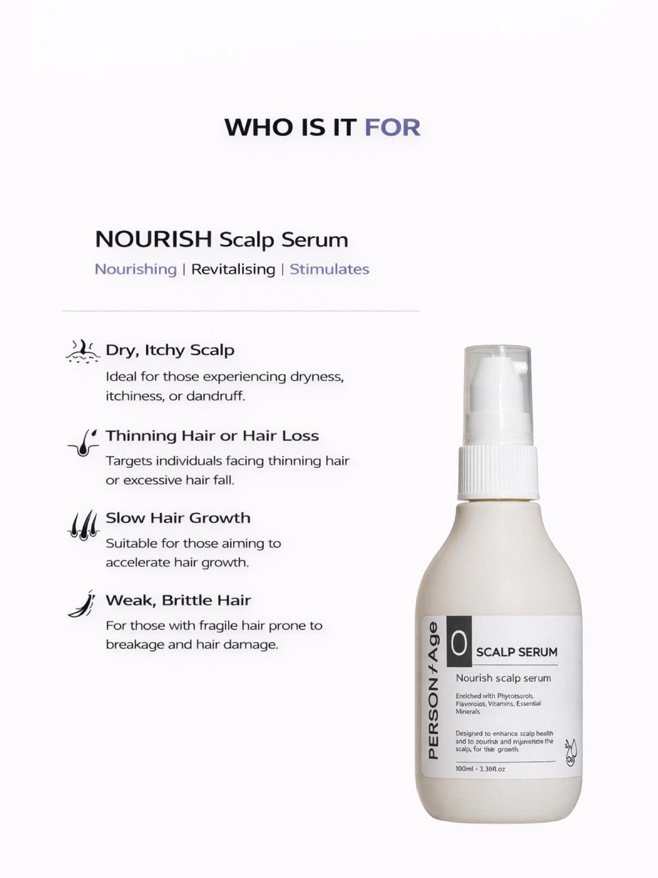Persontage Nourish Scalp Serum bottle with text on a white background