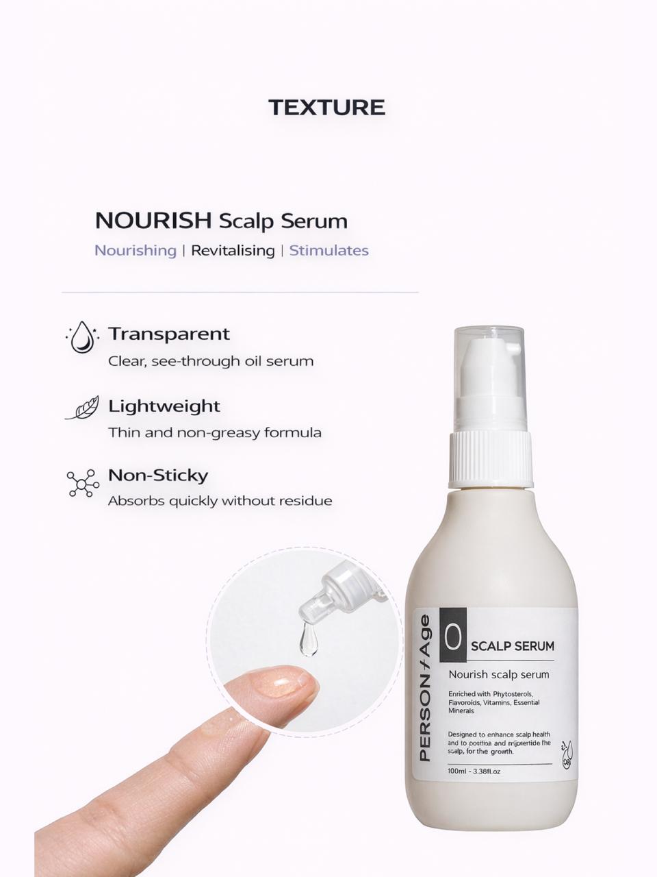 Persontage  Nourish Scalp Serum bottle with a dropper and text detailing serum properties on a white background