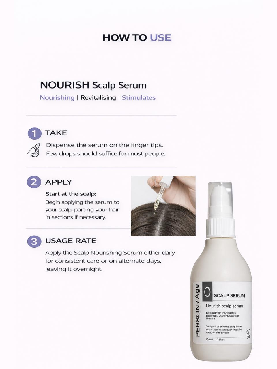 NOURISH Scalp Serum - Scalp & Hair Health - Instructions for using a scalp serum with a bottle of serum on a white background