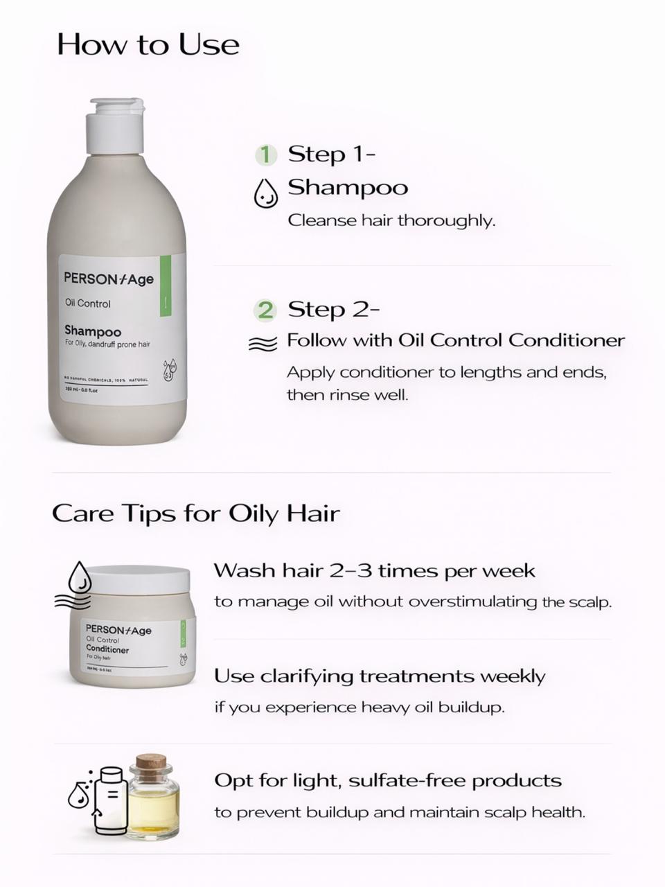Persontage oil control shampoo - Instructions on how to use shampoo and conditioner for oily hair, including a bottle of shampoo and a jar of conditioner.