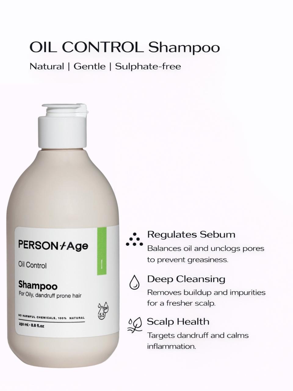 Persontage Oil Control Shampoo bottle with text on a white background