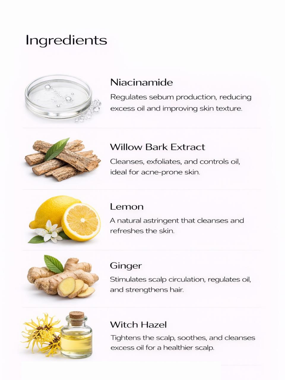 Persontage oil control shampoo List of ingredients with corresponding images and descriptions on a white background