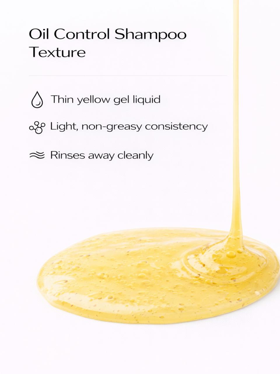 Persontage Oil Control Shampoo - Thin yellow gel liquid being poured onto a white surface with text describing the shampoo texture.