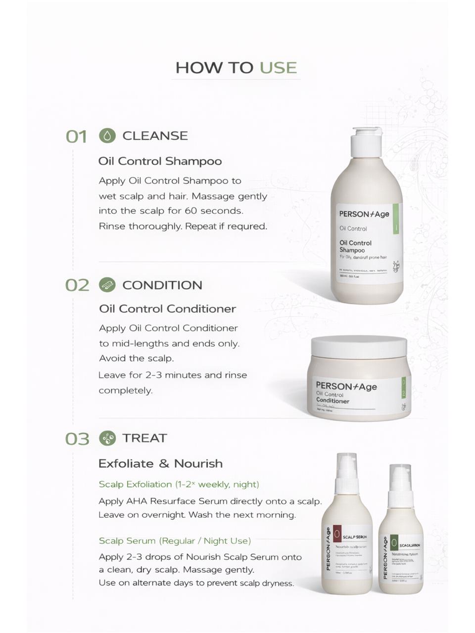 Hair care SEBUM CONTROL, Scalp Freshness Ritual kit - product set with usage instructions on a white background