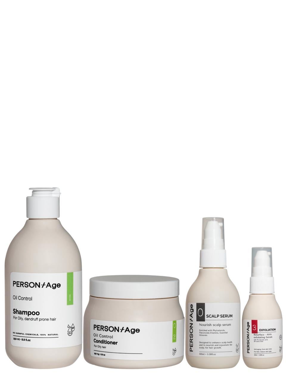 Set of PERSONtAGE SEBUM CONTROL, Scalp Freshness Ritual kit hair care products including shampoo, conditioner, and serums on a white background.
