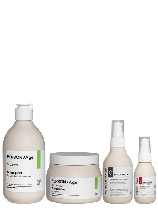 Set of PERSONtAGE SEBUM CONTROL, Scalp Freshness Ritual kit hair care products including shampoo, conditioner, and serums on a white background.