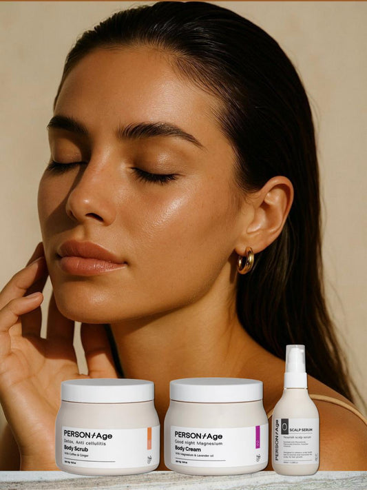 Woman with closed eyes next to Persontage DEEP RELAX Body Ritual bodycare products on a neutral background