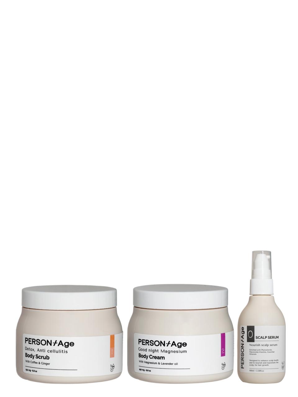 Three  products Persontage DEEP RELAX Body Ritual bodycare on a white background