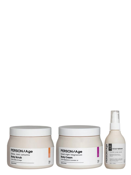 Three  products Persontage DEEP RELAX Body Ritual bodycare on a white background