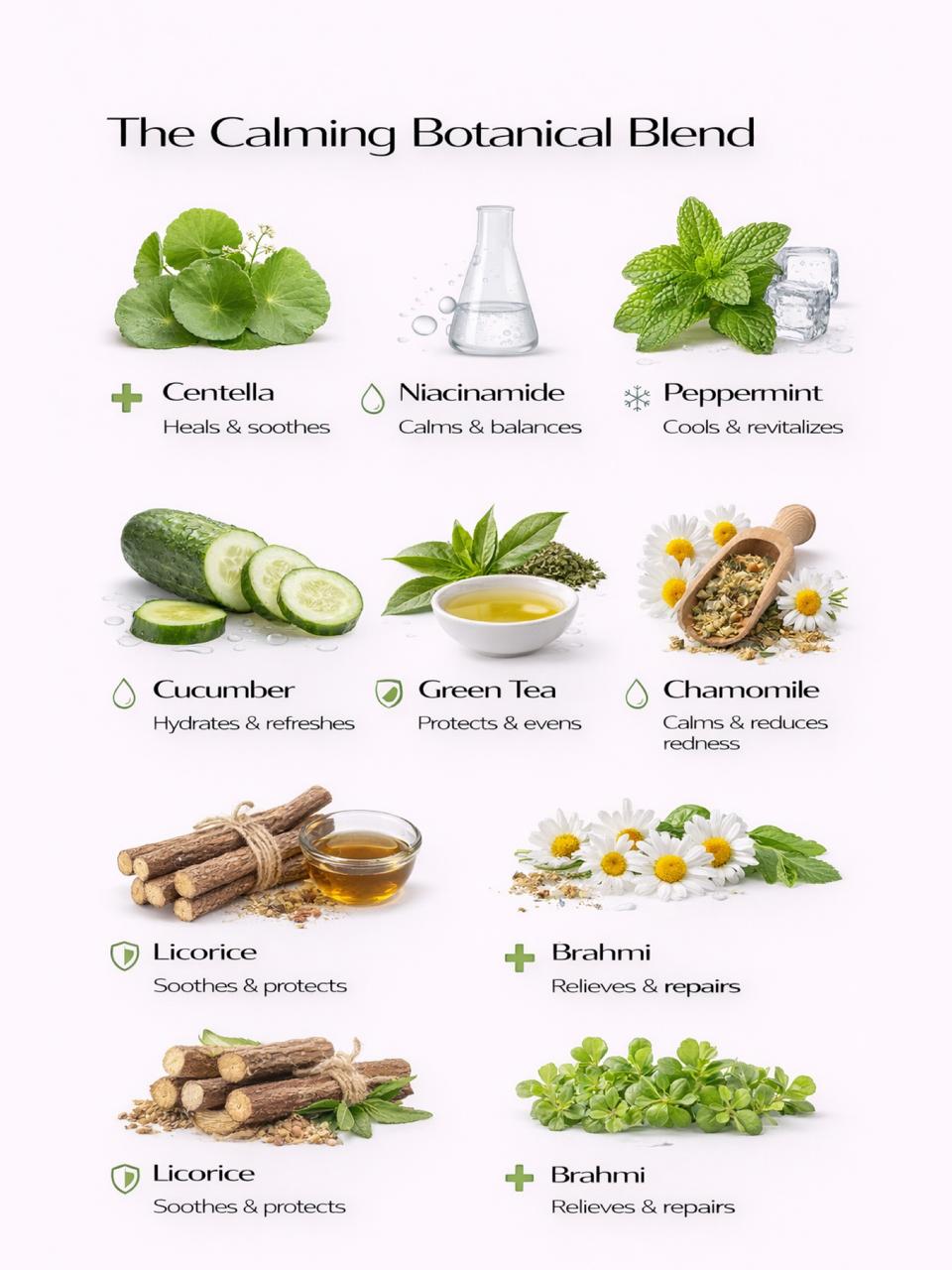 Persontage SKIN MEDITATION – Soothing Post-Shave Toner - Illustration of a calming botanical blend with various herbs and their benefits on a white background.