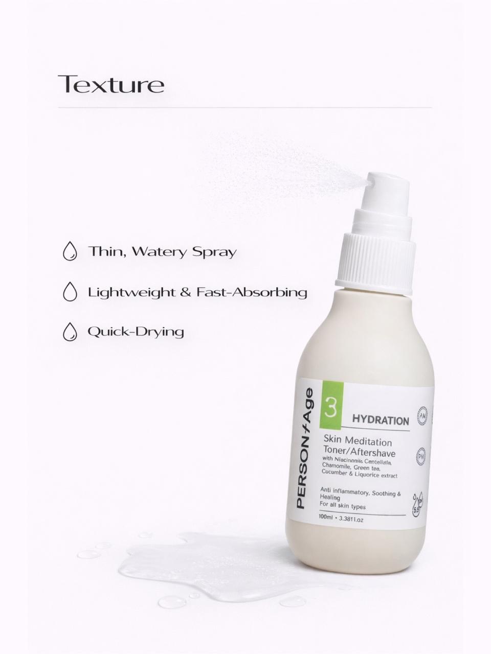 PersontAge SKIN MEDITATION – Soothing Post-Shave Toner - skincare bottle with text describing texture on a white background