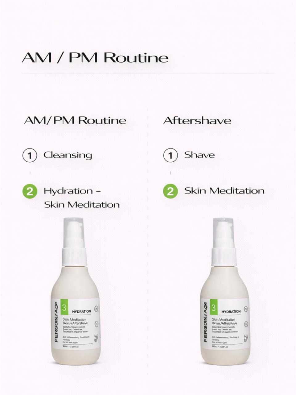  Persontage SKIN MEDITATION – Soothing Post-Shave Toner - AM/PM routine with two bottles labeled 'Cleansing' and 'Hydration' on a white background.