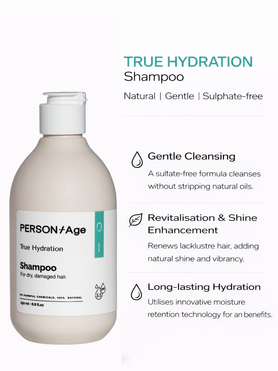 PersontAge True Hydration Shampoo bottle with product features on a white background