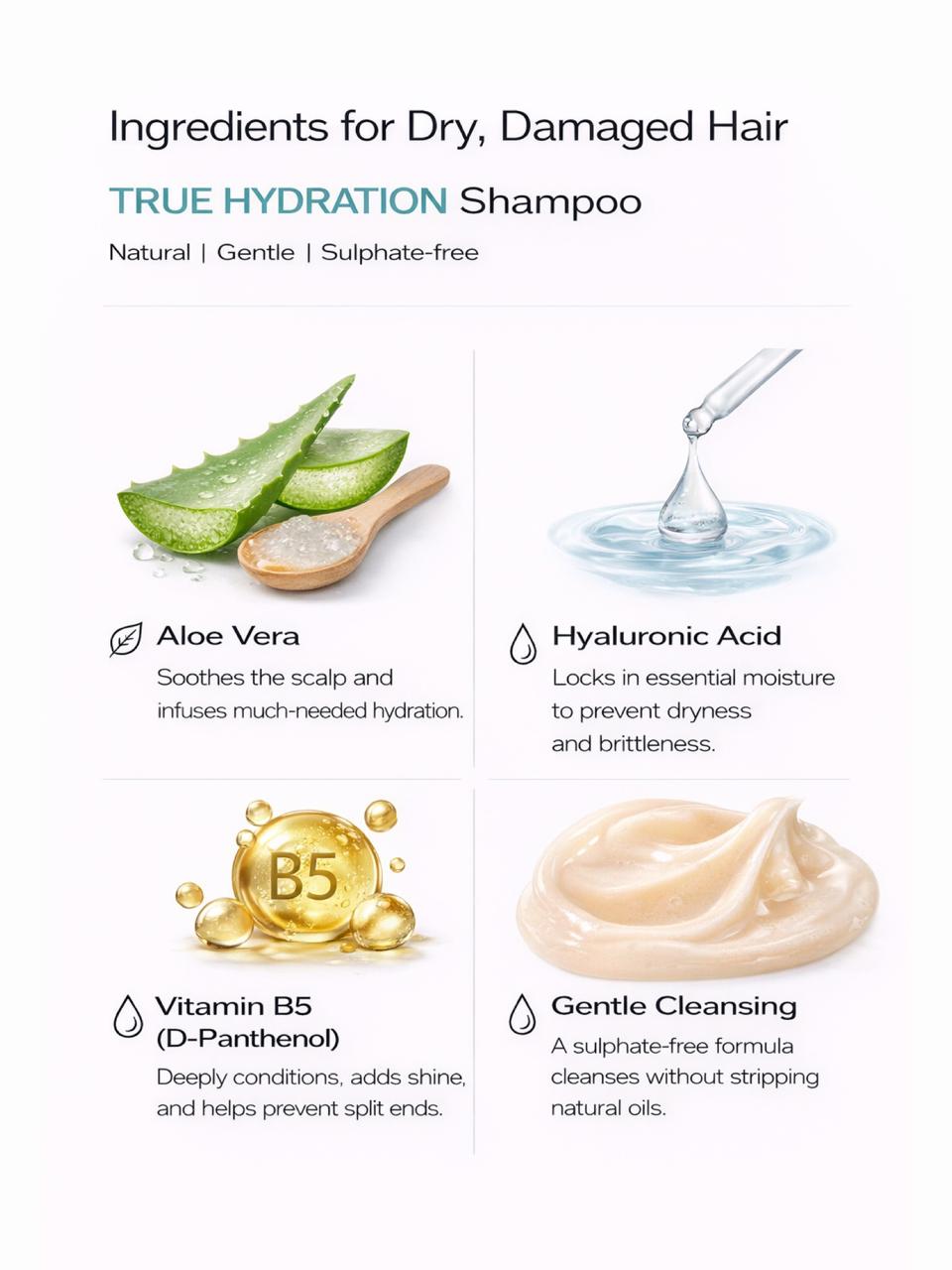  Persontage TRUE HYDRATION Ingredients for dry, damaged hair shampoo with aloe vera, hyaluronic acid, vitamin B5, and gentle cleansing.