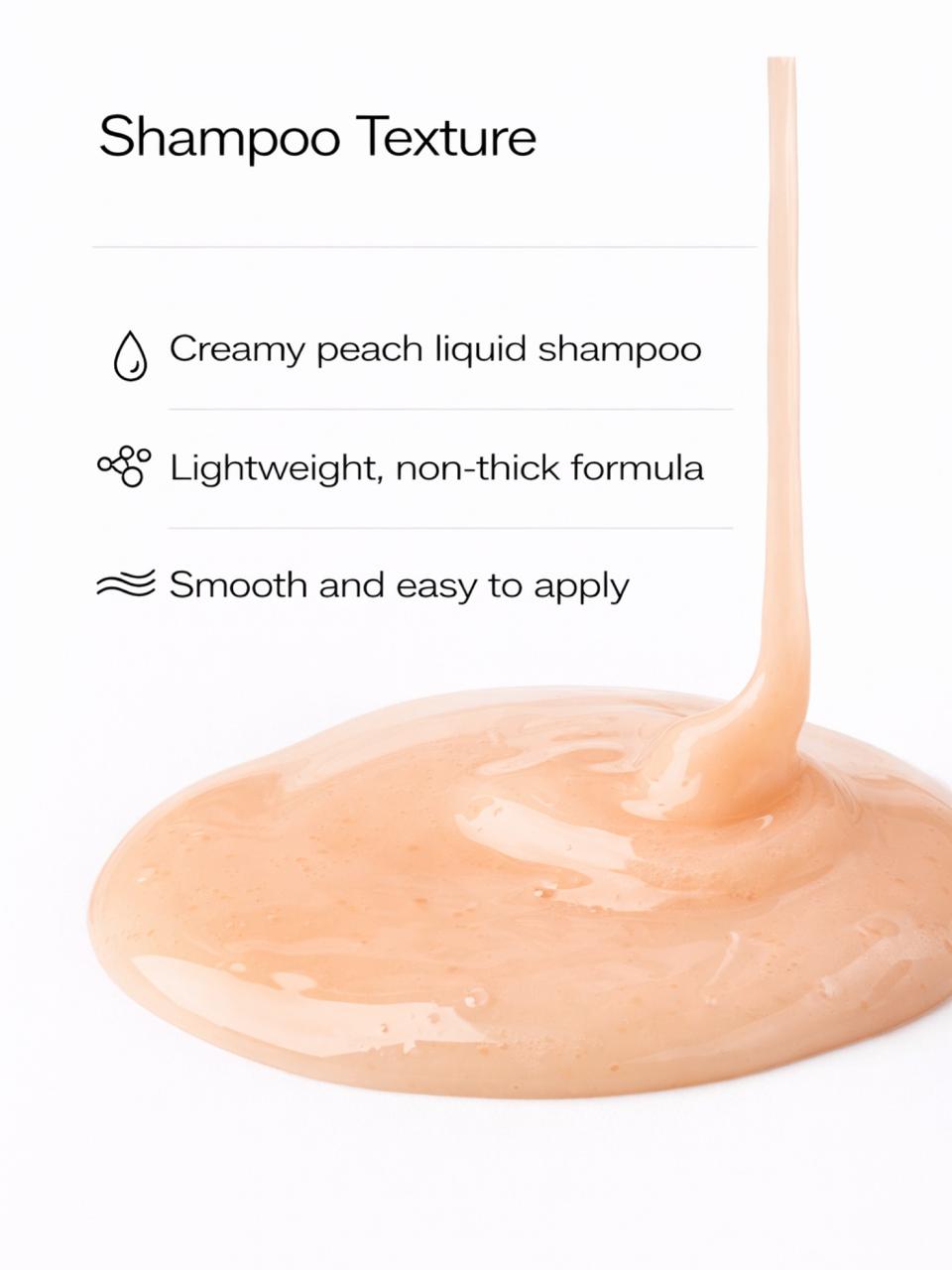 Persontage TRUE HYDRATION Creamy peach liquid shampoo being poured with text describing its texture.