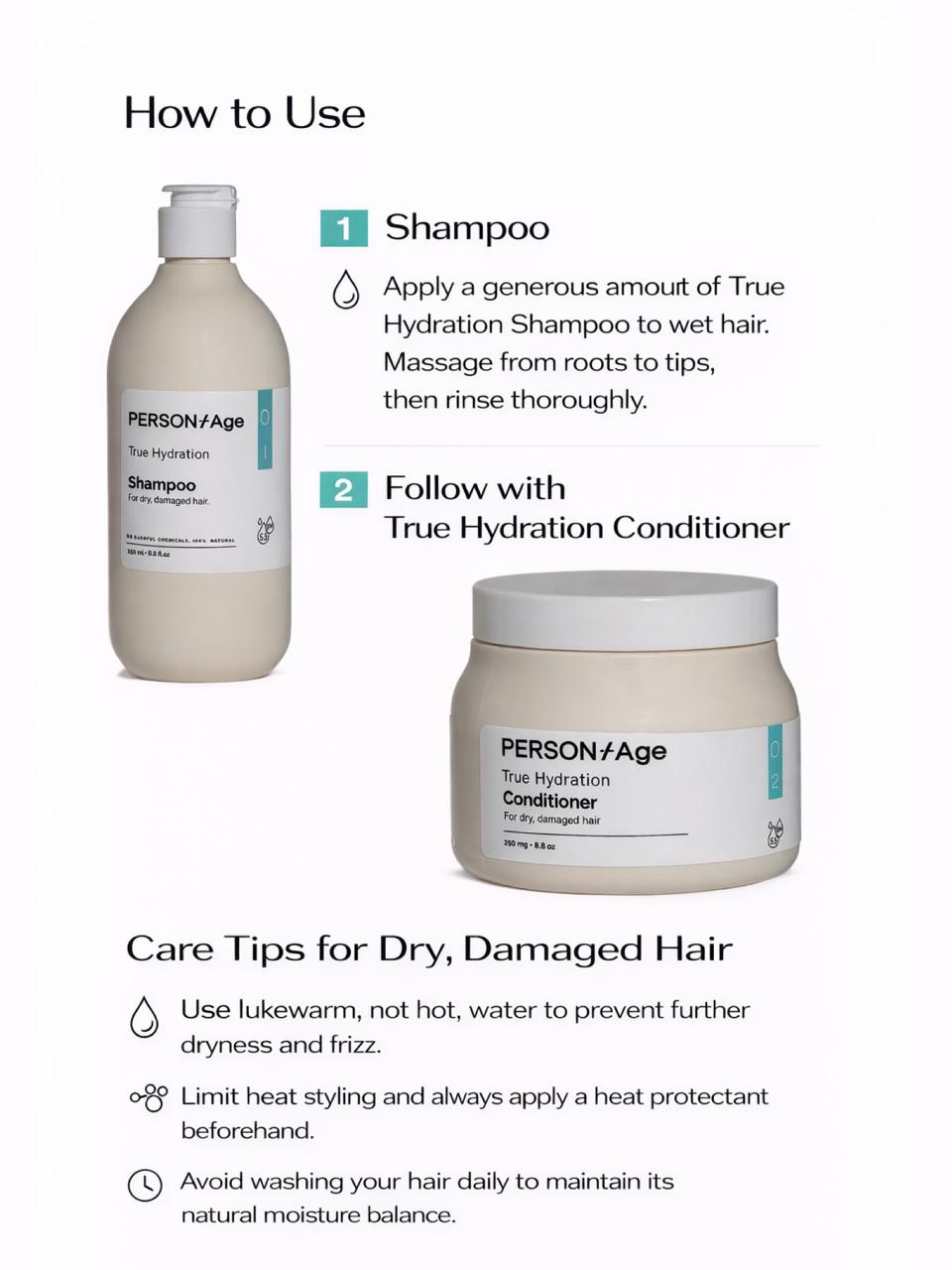 Persontage TRUE HYDRATION Instructions for using True Hydration Shampoo and Conditioner with product images on a white background.