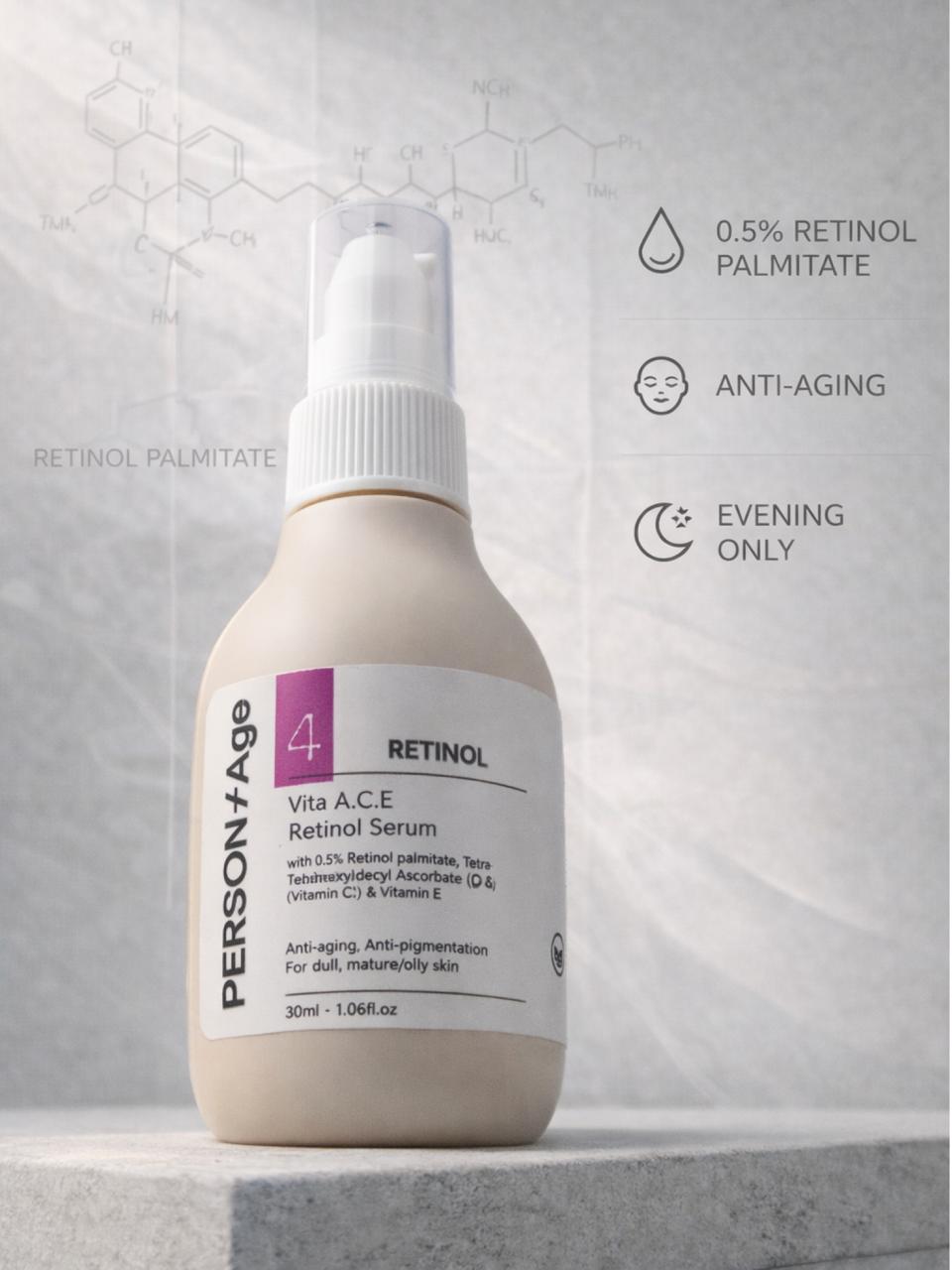 PersontAge Retinol serum bottle on a gray background with product details.