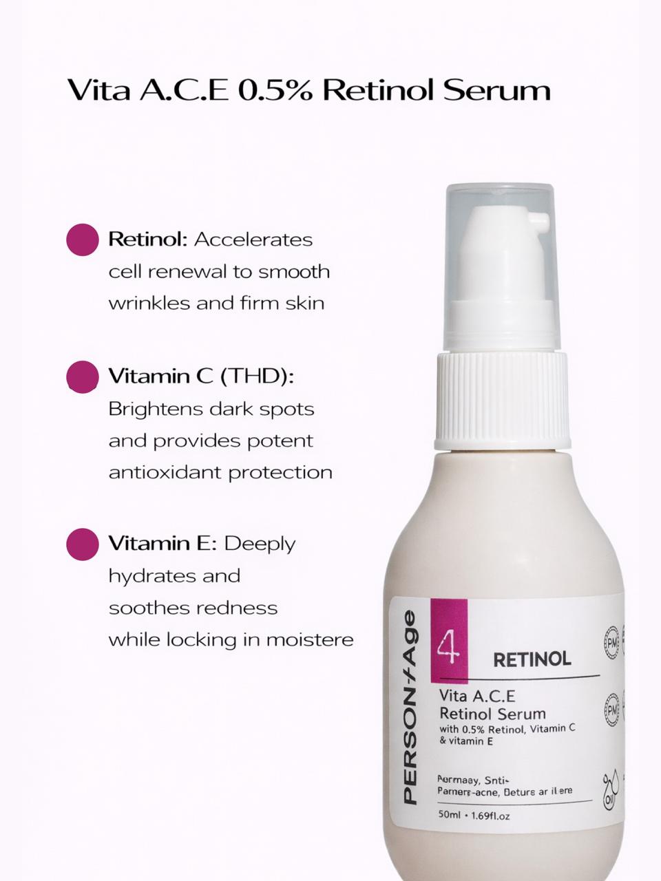 Persontage Vita A.C.E 0.5% Retinol Serum bottle with product details on a white background