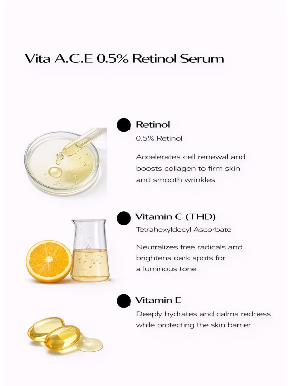 Persontage Vita A.C.E 0.5% Retinol Serum with ingredients and benefits on a white background