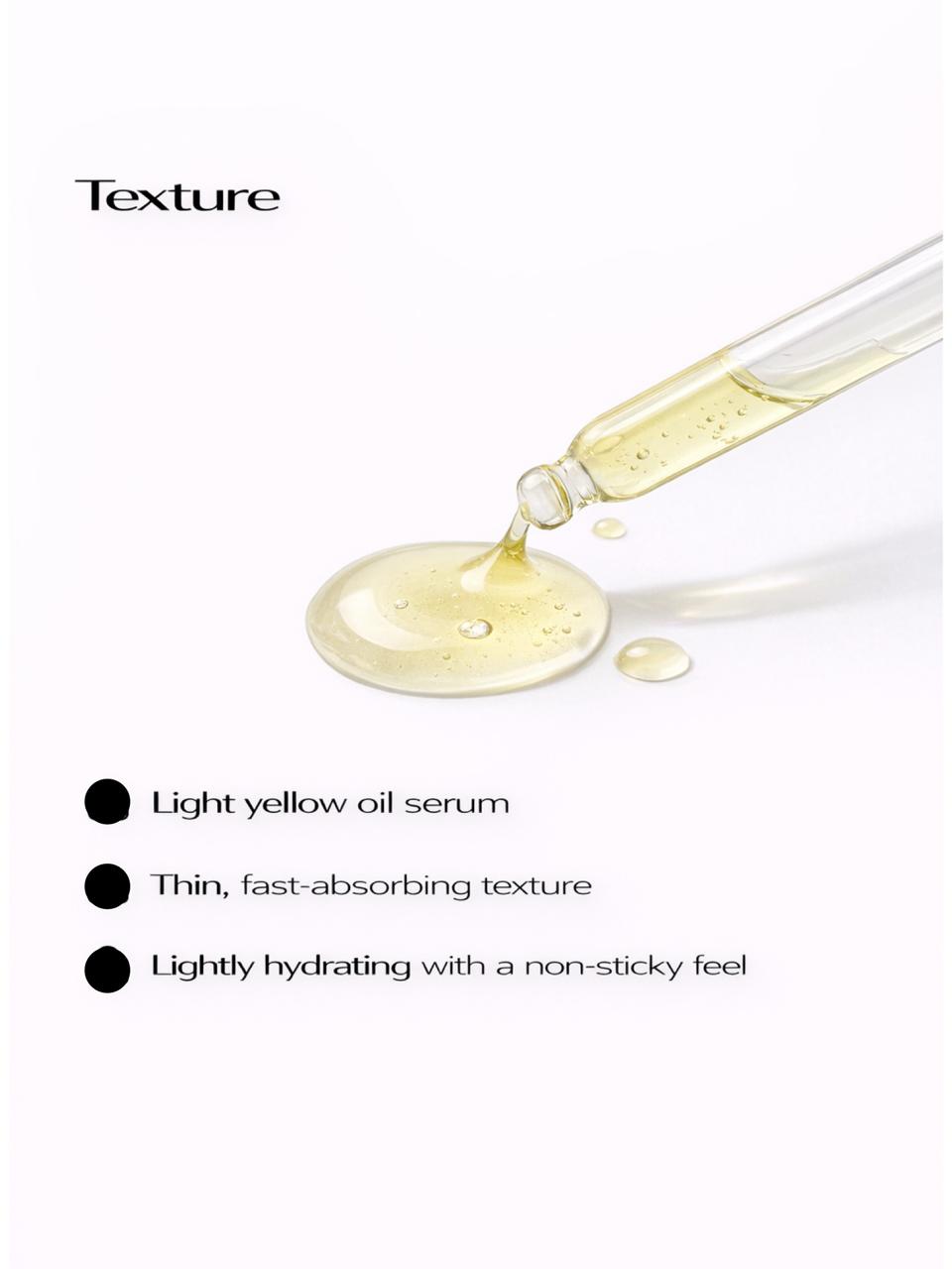 Persontage Persontage VITA A.C.E (0.5% Retinol)  serum –Light yellow oil serum being dripped onto a white surface with text describing its properties.