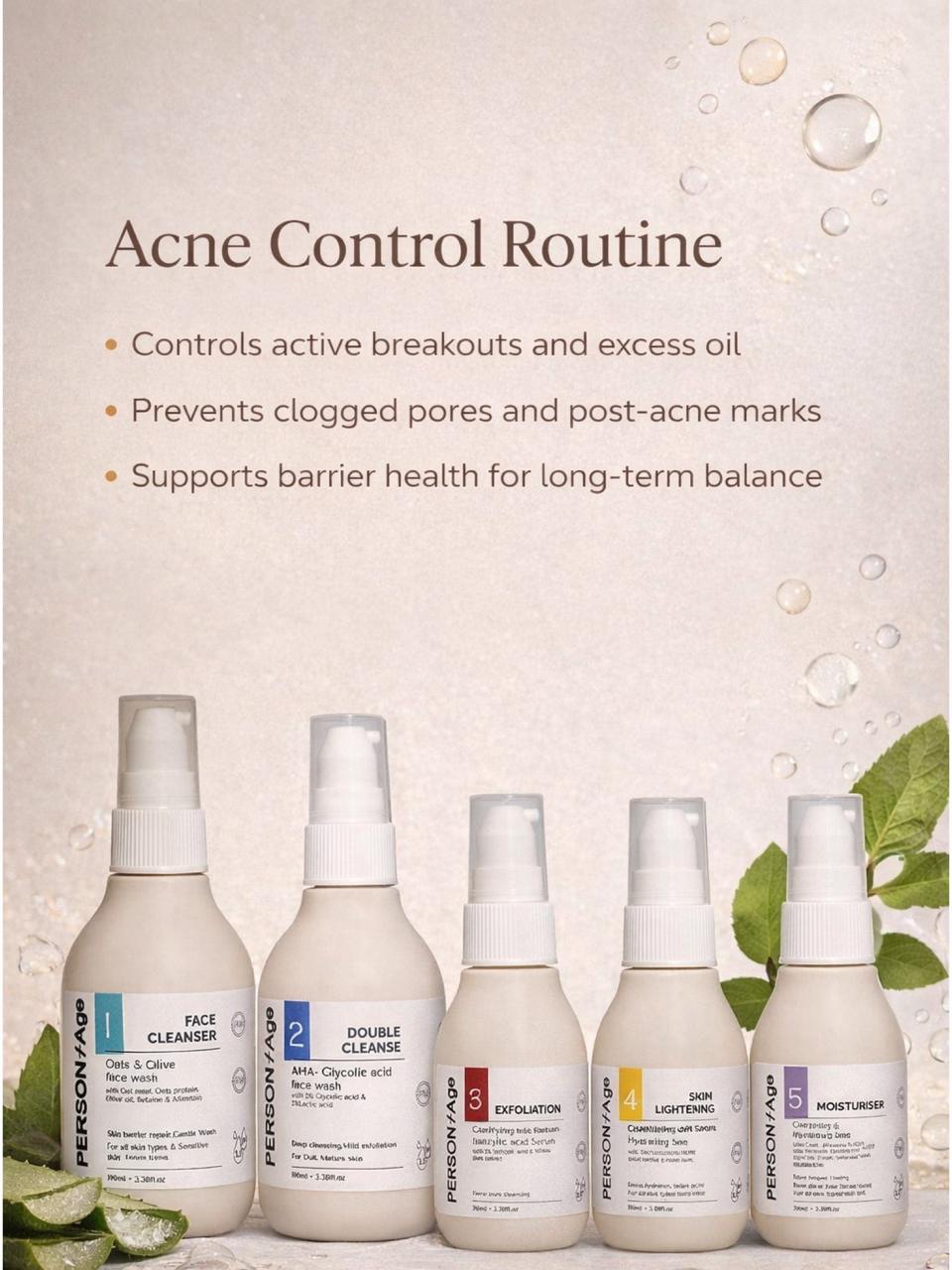 ACNE CONTROL ROUTINE – Clarifying Skin Routine Kit, skincare products for acne control routine with text on a light background.