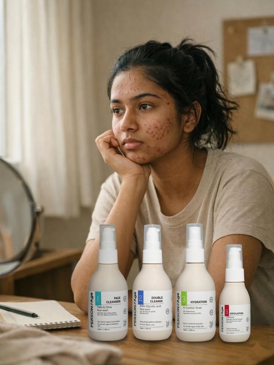 Woman with acne sitting at a table with Persontage CLEAR SKIN Kit for Teens skincare products in front of her