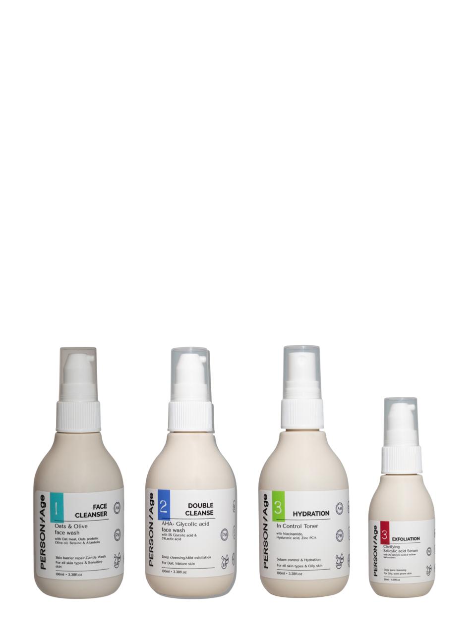 Set of four Persontage CLEAR SKIN Ki skincare bottles labeled 'Double Cleanse', 'Hydrate', 'Exfoliate' on a white background