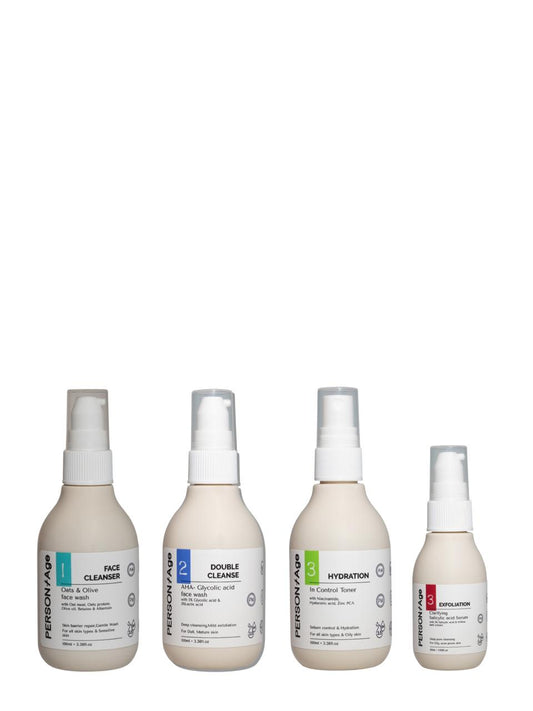 Set of four Persontage CLEAR SKIN Ki skincare bottles labeled 'Double Cleanse', 'Hydrate', 'Exfoliate' on a white background