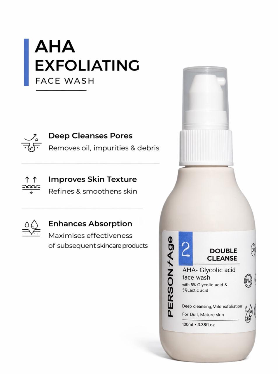 Persontage  Double Cleanse AHA Glycolic Acid face wash bottle on a white background