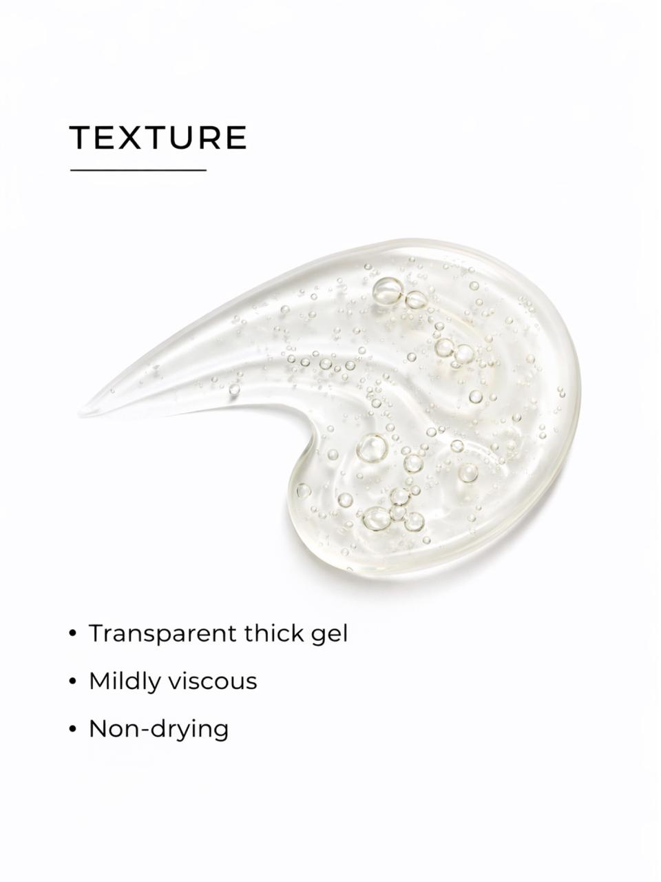 Persontage AHA EXFOLIATING Face Wash - Transparent thick gel with bubbles on a white background, labeled as 'Texture'.