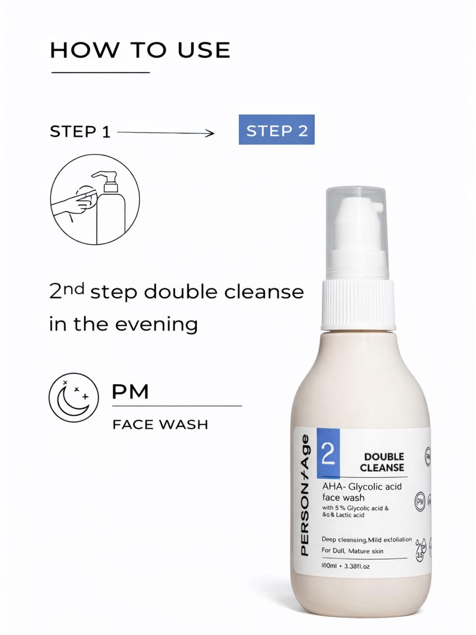 Persontage AHA EXFOLIATING Face Wash - Bottle of face wash with instructions on how to use it, including a step-by-step guide and product name.