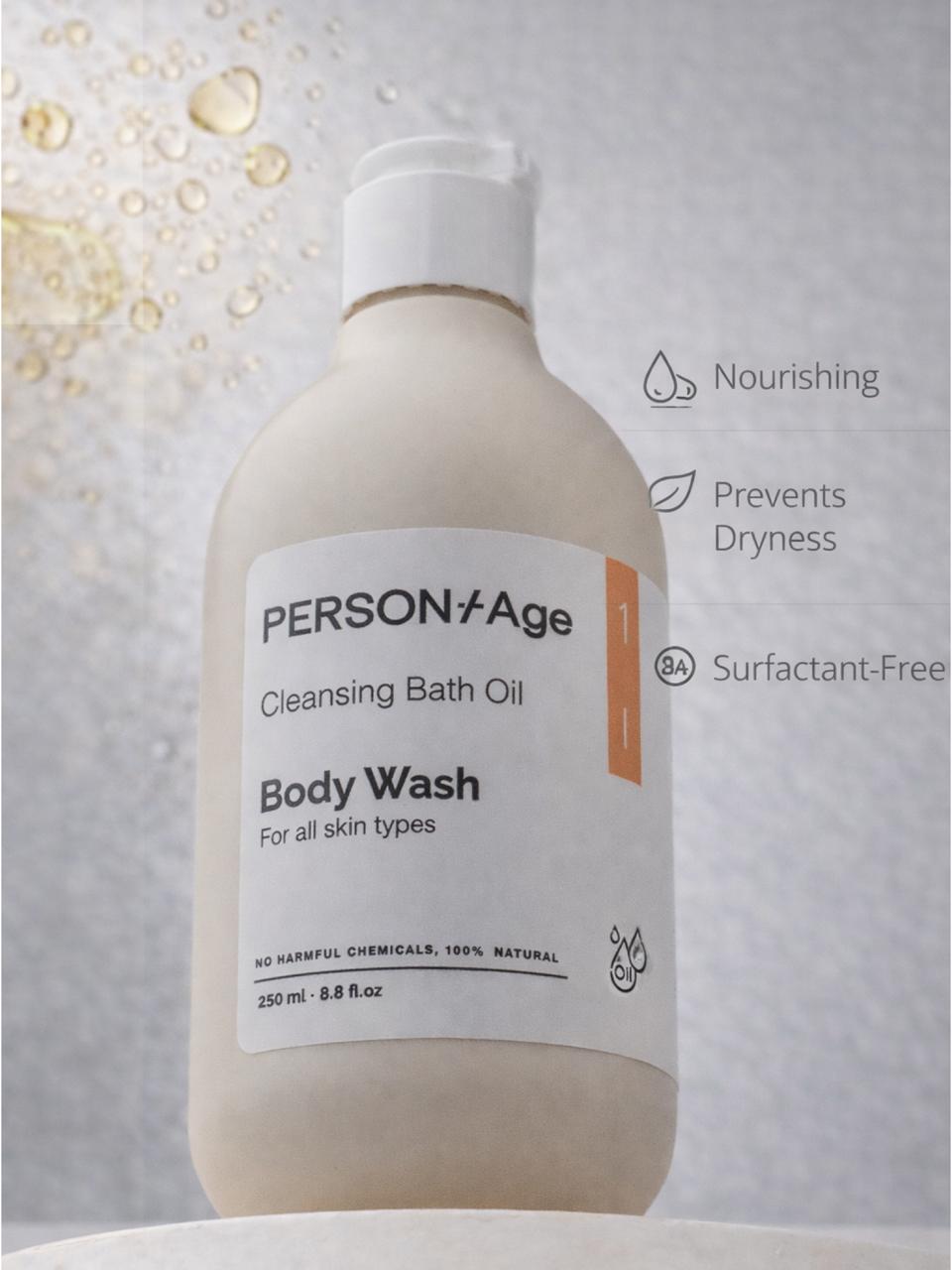 Bottle of PERSONtAge CLEANSING Bath Oil - body wash with label on a light gray background