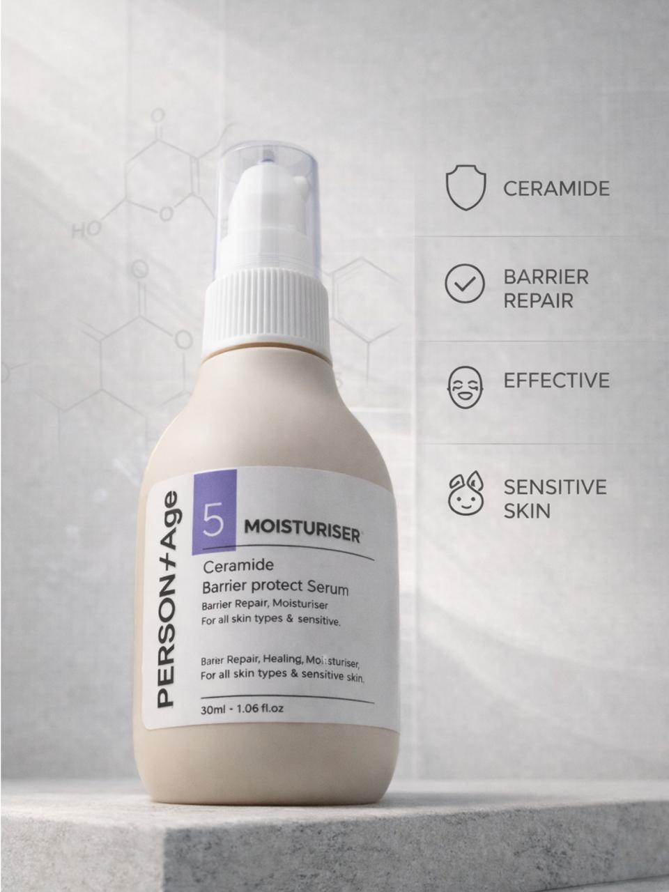 PersontAge Ceramide BARRIER PROTECT  - moisturiser bottle with features listed on a gray background
