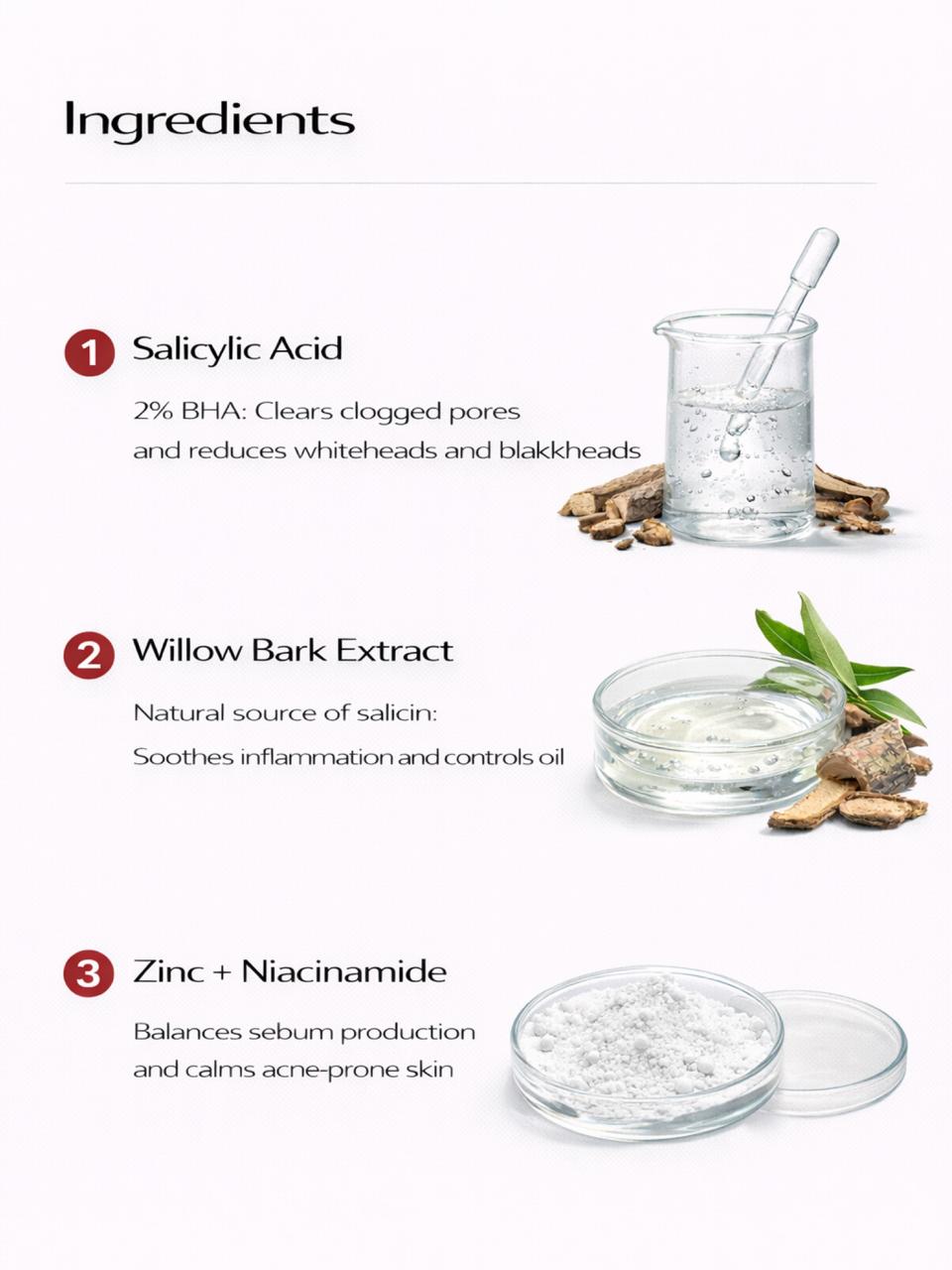 Persontage CLARIFYING Salicylic Acid Serum, Ingredients list with Salicylic Acid, Willow Bark Extract, and Zinc + Niacinamide on a white background.