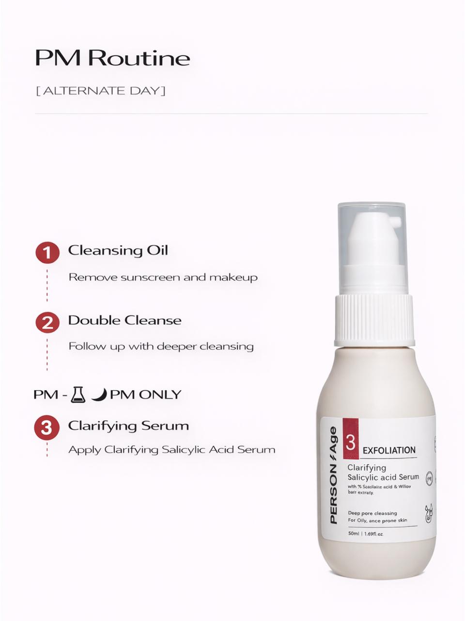 Persontage CLARIFYING Salicylic Acid Serum, Skincare product with step-by-step routine instructions on a white background