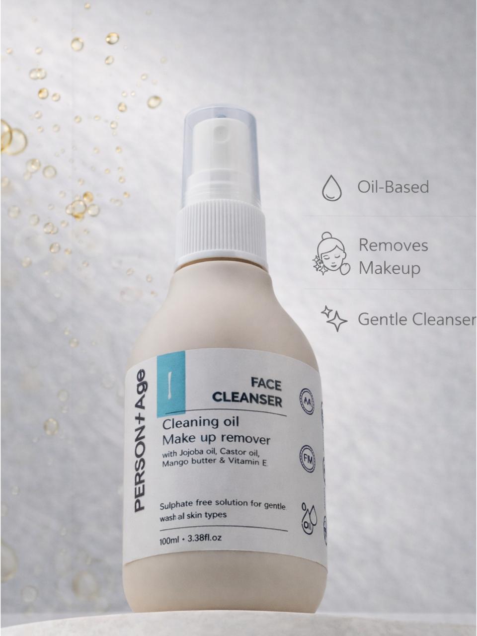 Persontage CLEANSING OIL Deep Cleanse & Makeup Remover Bottle of face cleanser with a label on a light gray background
