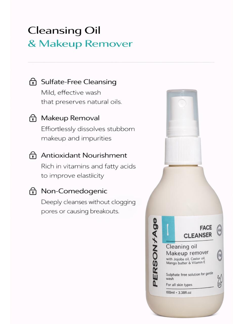 PersontAge cleansing oil and makeup remover bottle with product features listed on a white background