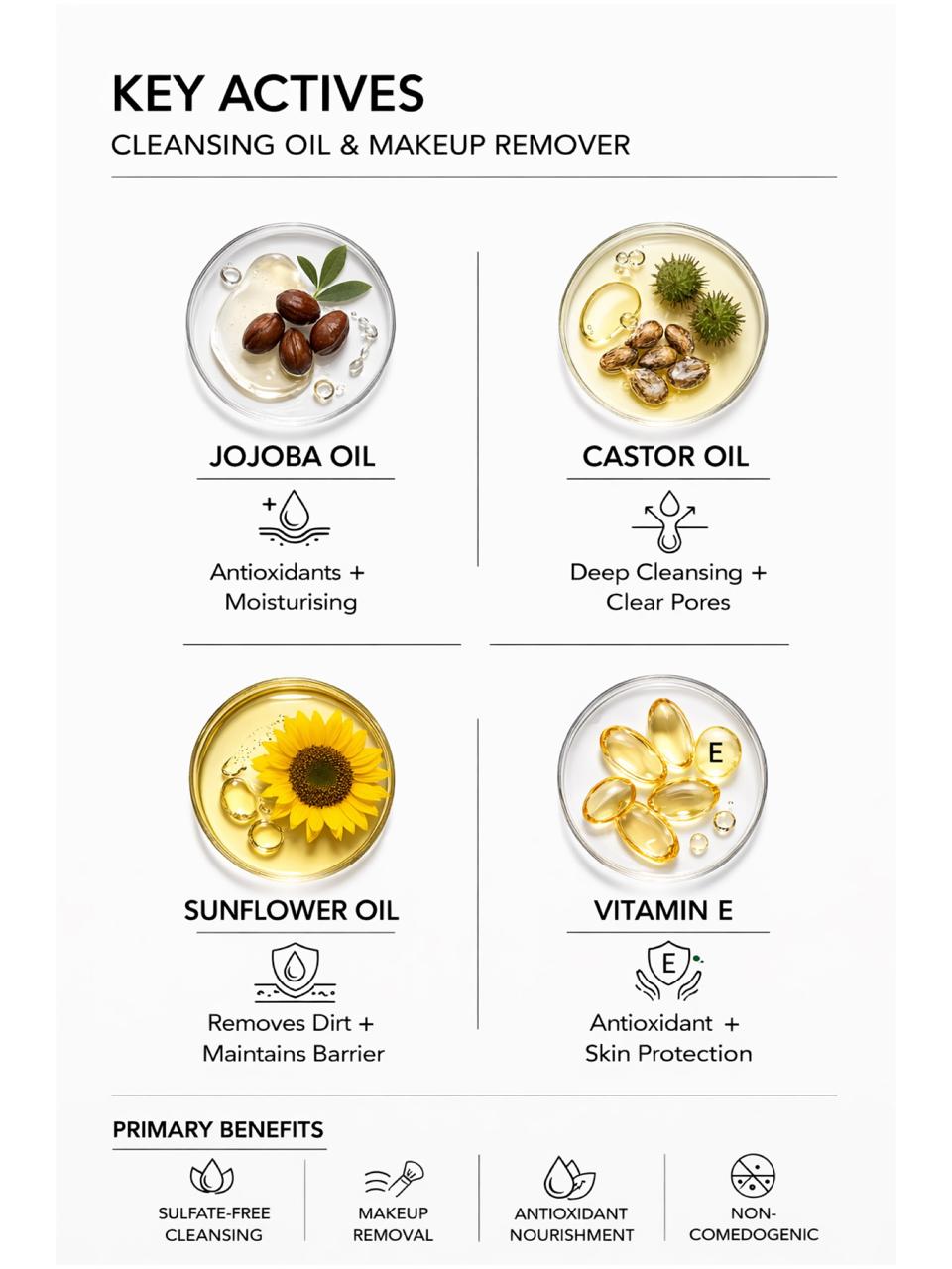Persontage CLEANSING OIL Deep Cleanse & Makeup Remover - Key actives of cleansing oil and makeup remover with images and descriptions on a white background.