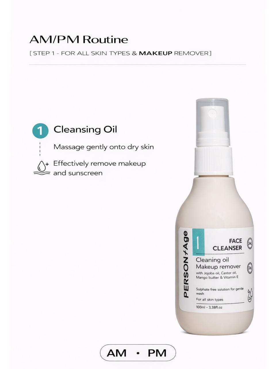 PersontAge cleansing oil bottle with text on a white background