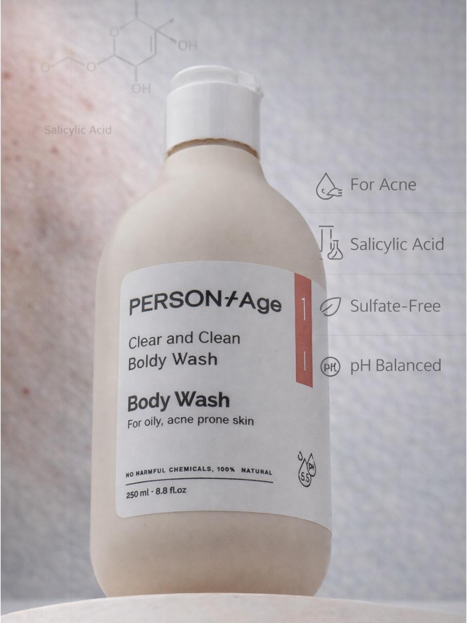 Persontage CLEAR SKIN Salicylic Acid – Clarifying Body Wash Body wash bottle with a label on a textured background