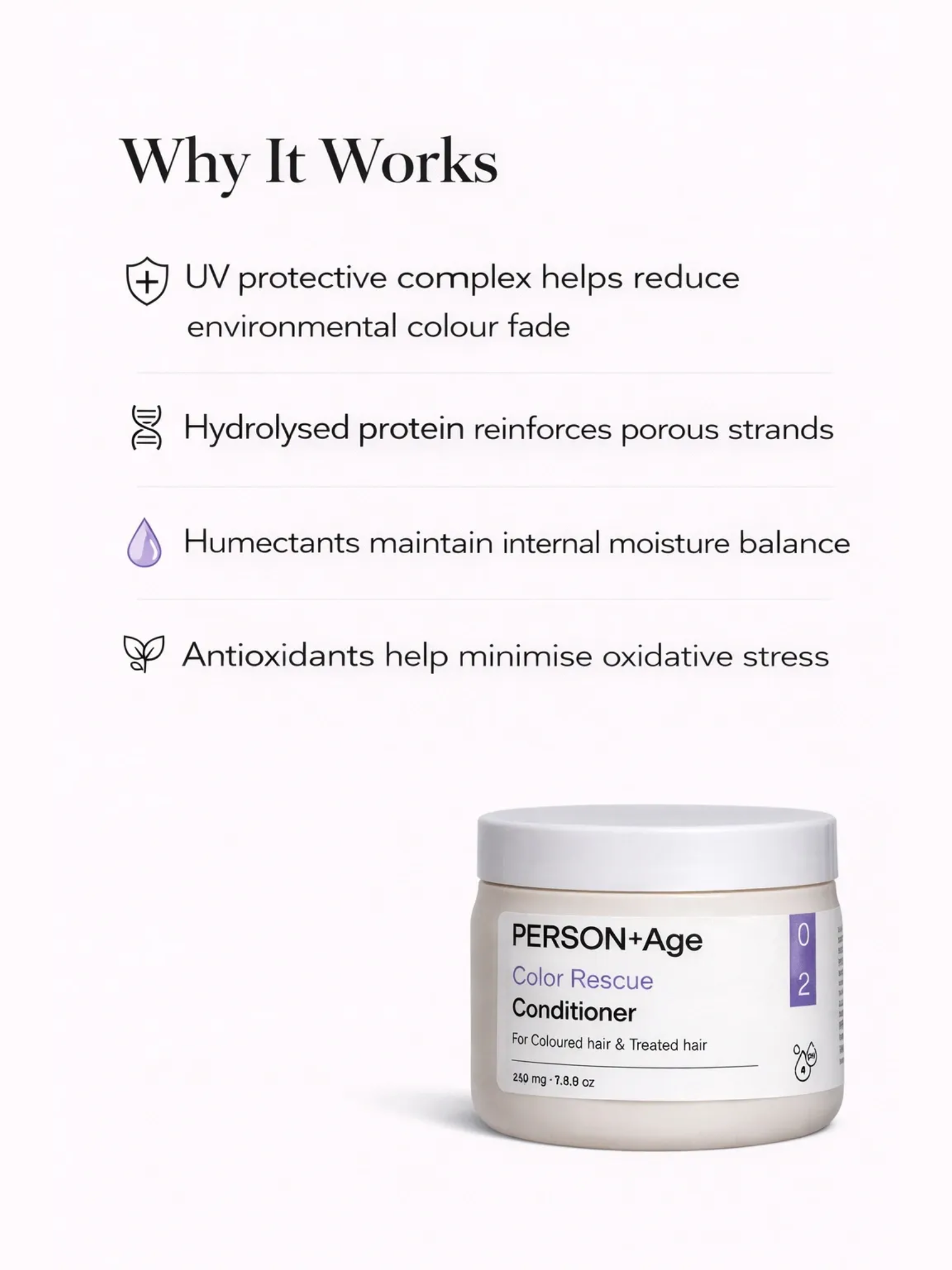 PersonTAge Color Rescue Conditioner jar with text detailing product benefits on a white background