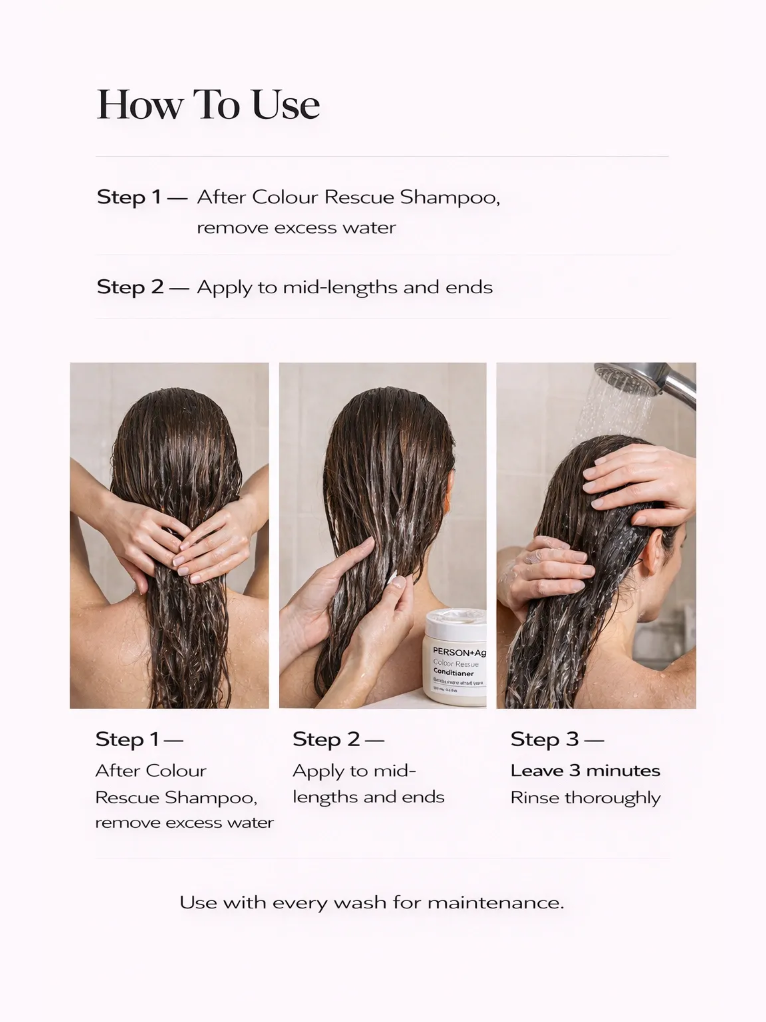 Persontage COLOUR RESCUE Conditioner Instructions on how to use a hair care product with step-by-step illustrations.