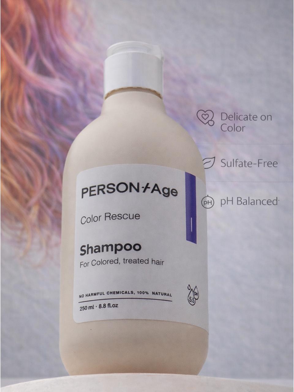 PersontAge Color Rescue Shampoo bottle with text on a light gray background