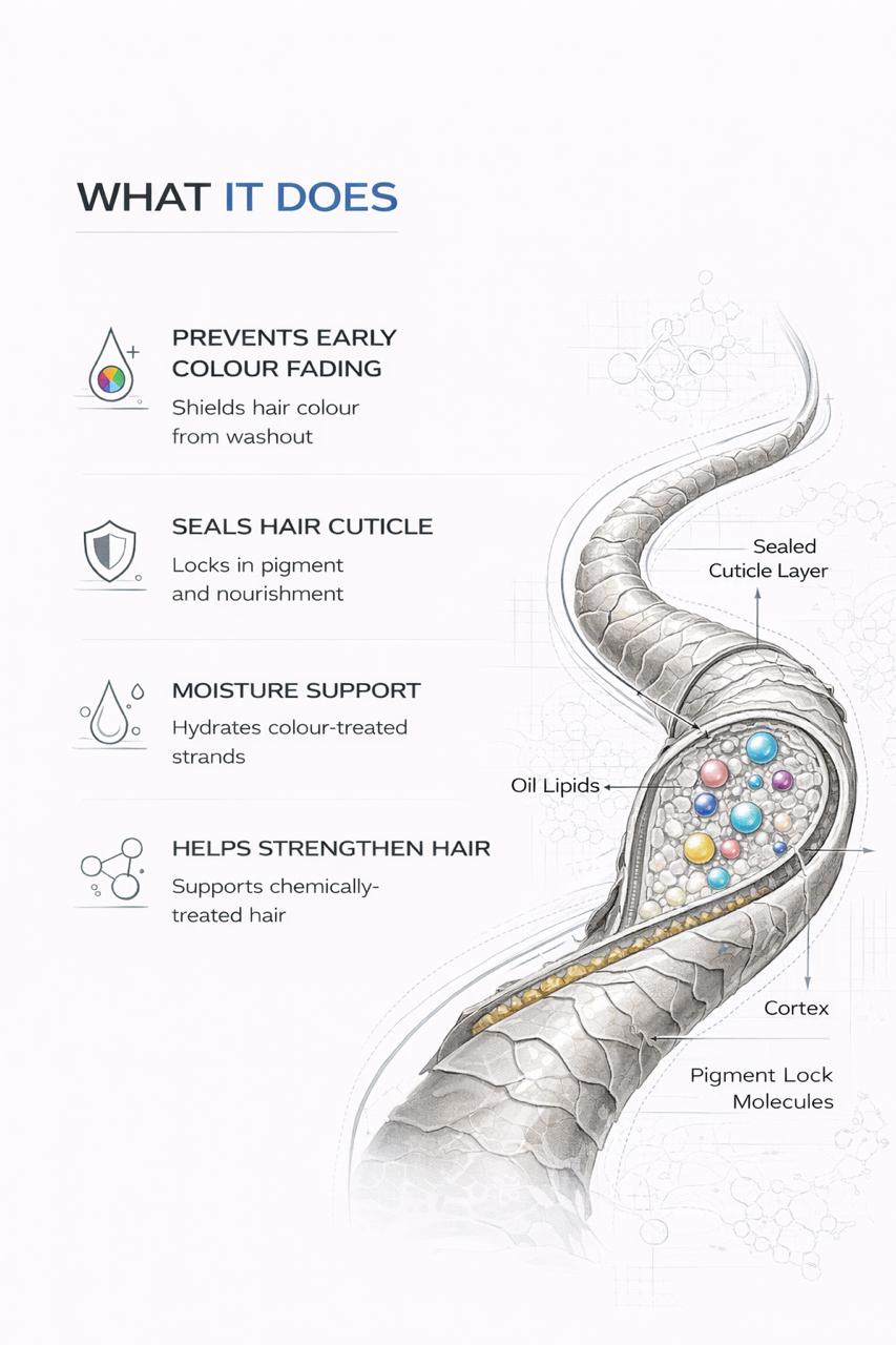 Diagram of hair structure with labeled benefits of COLOURED HAIR Help Ritual kit on a white background