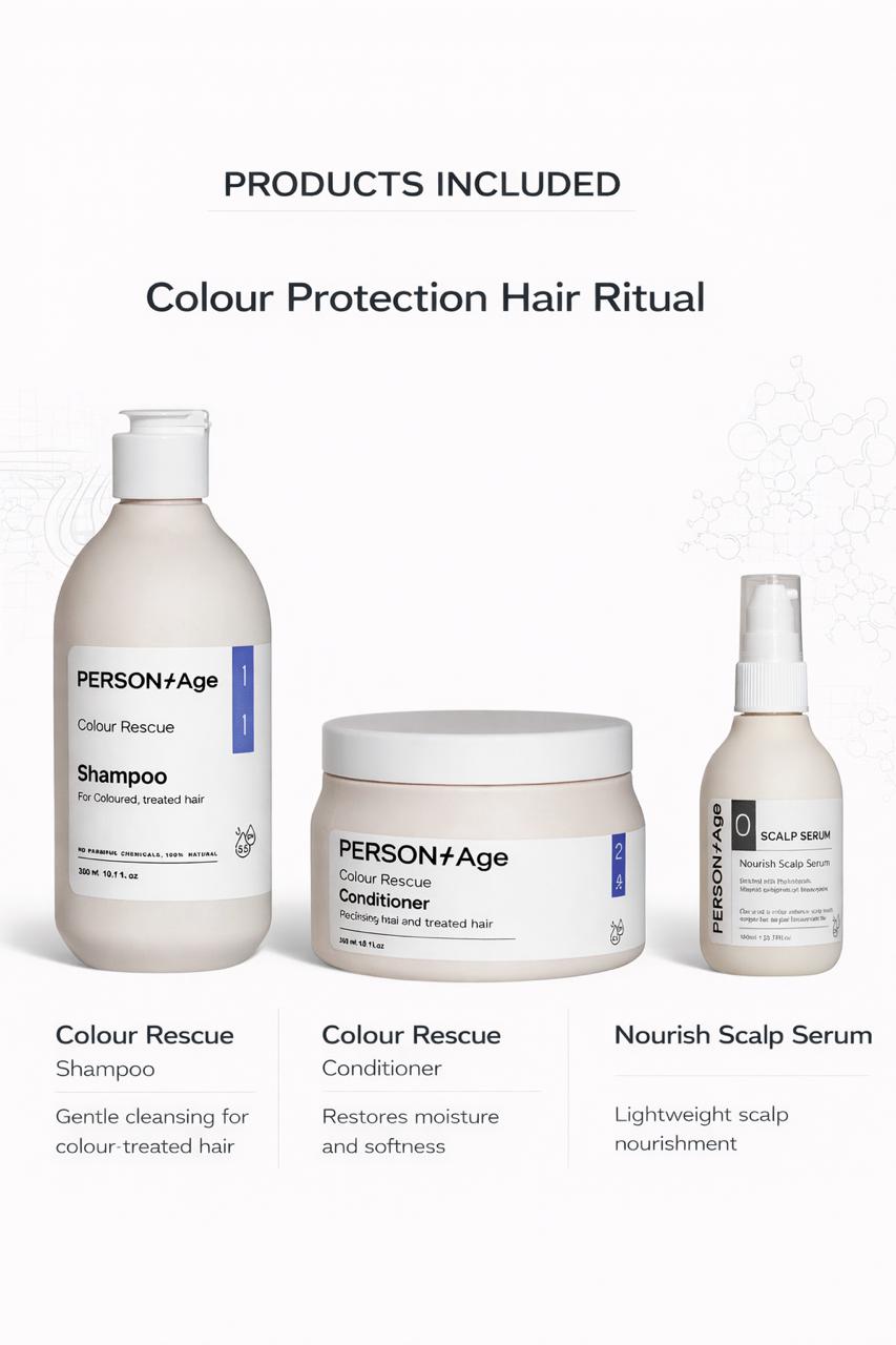 PersontAge  COLOURED HAIR Help Ritual kit hair care products including Shampoo, Conditioner, and Scalp Serum on a white background.