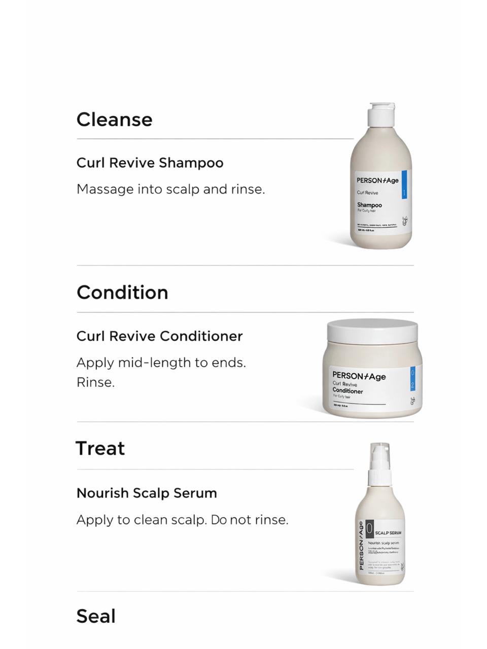 PersontAge CURL CARE & NOURISHMENT Ritual kit hair care product lineup with shampoo, conditioner, serum, and spray on a white background.